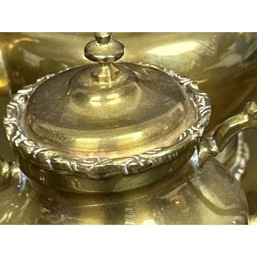 Vintage Solid Brass Tea Coffee Set Tray 4 Pc Teapot Creamer Sugar Ornate